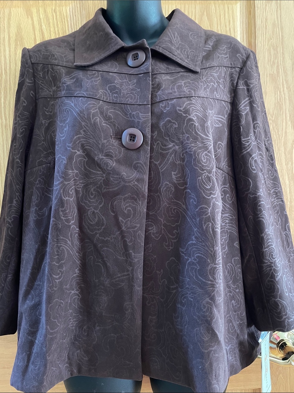 NWT Requirements Chocolate Floral Jacquard Button-Front Pea Jacket